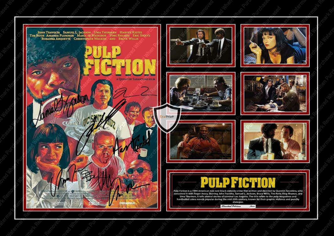 Pulp Fiction (1994) Signed Samuel L Jackson Uma Thurman Tatantino A4 Movie Print