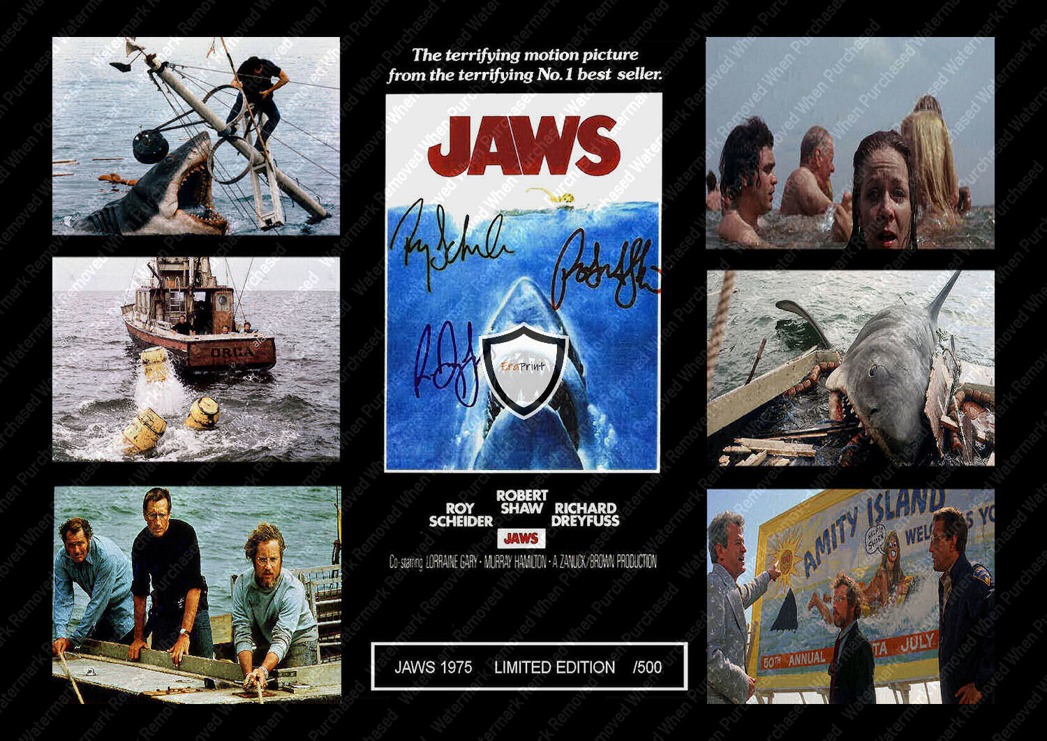 Jaws (1975) Signed Roy Scheider Robert Shaw Richard Dreyfuss Movie Print