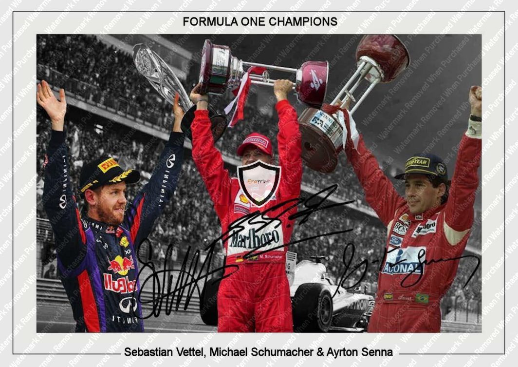 F1 Legends Ayrton Senna Michael Schumacher & Sebastian Vettel A4 Photo Print