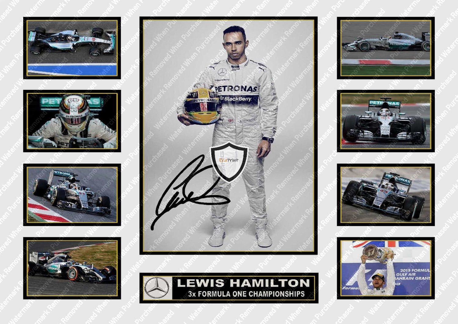 Lewis Hamilton Three Time World Champion Signed Mercedes F1 Print