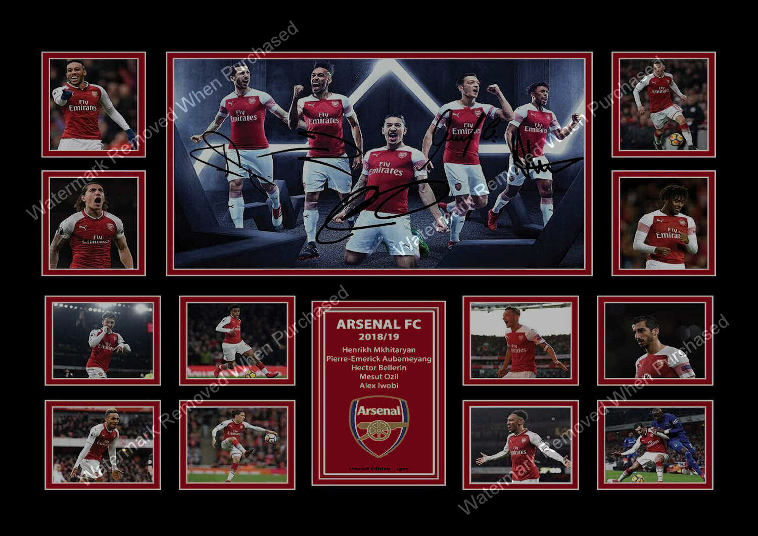 Arsenal F.C. (2018/19) Ozil Aubameyang Bellerin Iwobi Signed Football A4 Photo Print