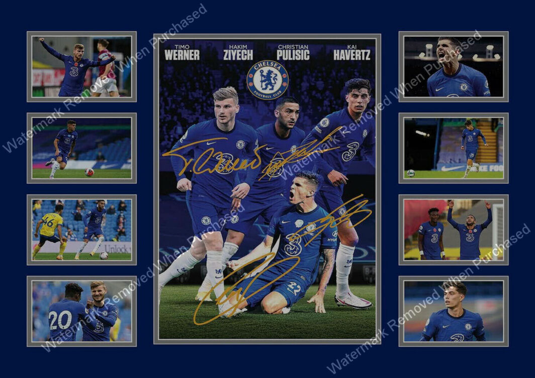 Chelsea F.C. (2020/21 Werner Ziyech Pulisic Havents Signed Football A4 Photo Print