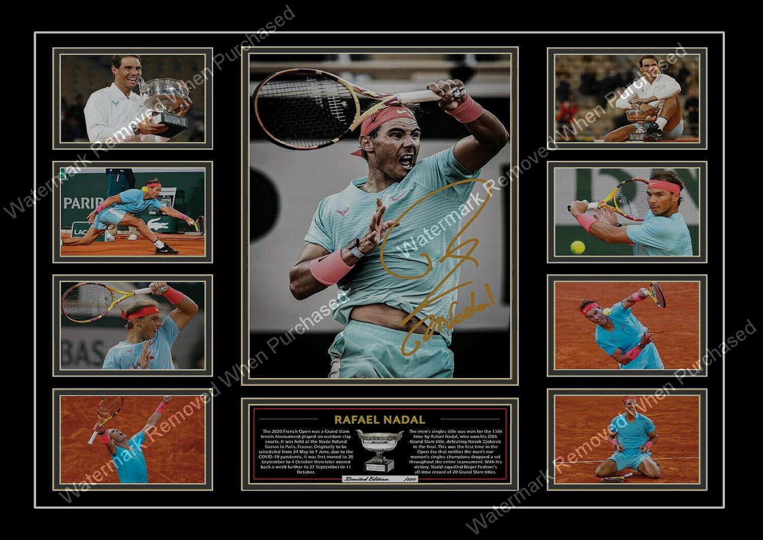 Rafael Nadal (2020) Signed Tennis Memorabilia 20 Grand Slam French Open Winniner A4 Photo Print