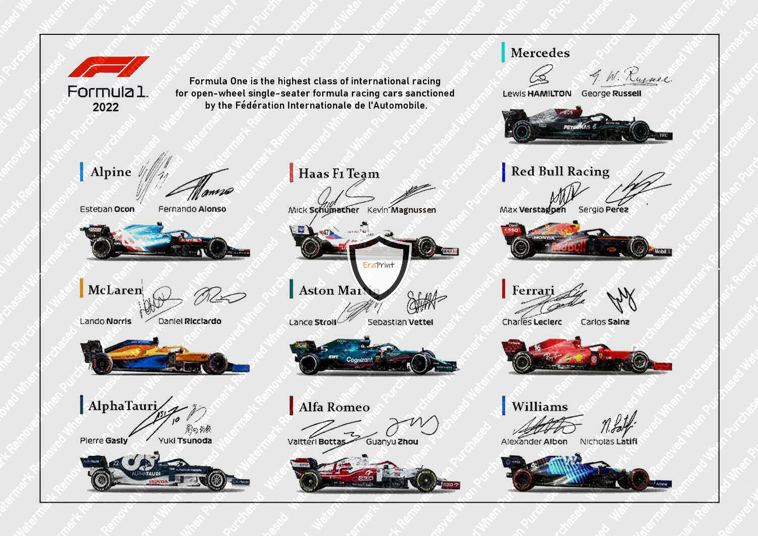 Signed (2022) Formula One Championship Signed F1 Cars A4 Photo Print Download