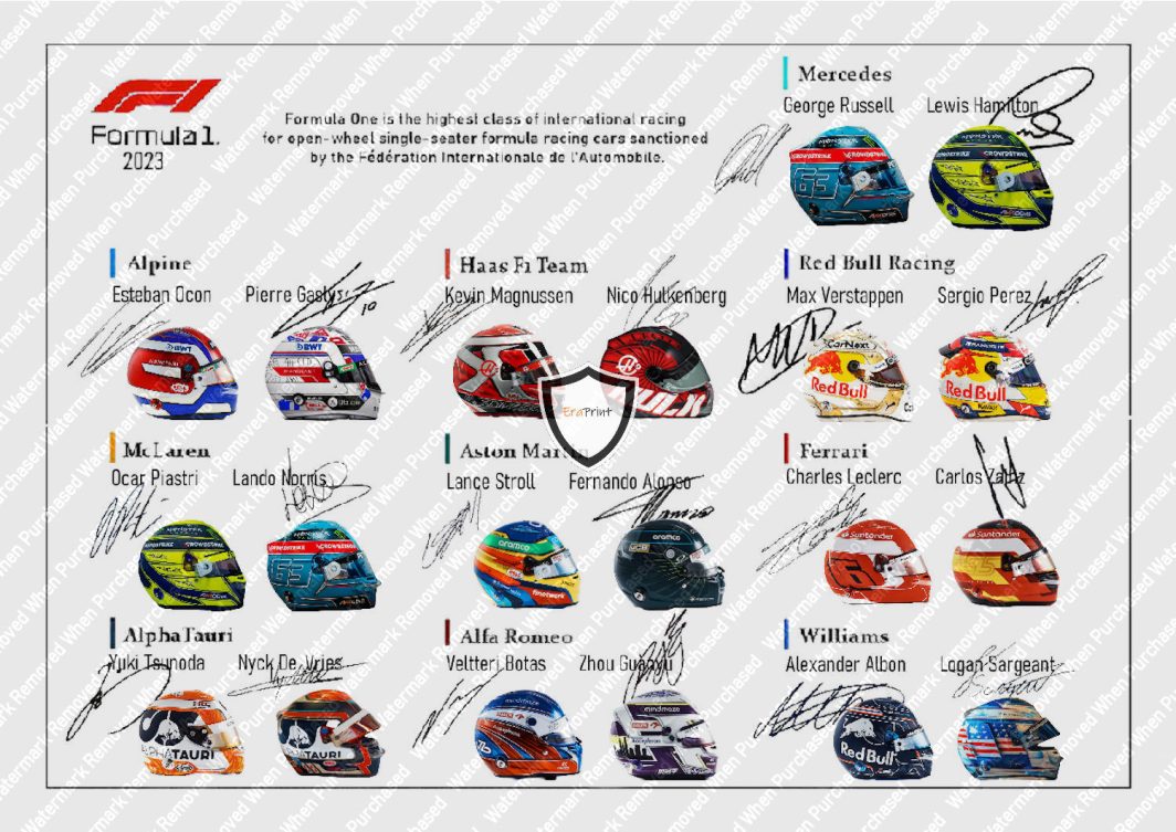 Formula One (2023) Signed Championship Helmets A4 Photo Print Downloads