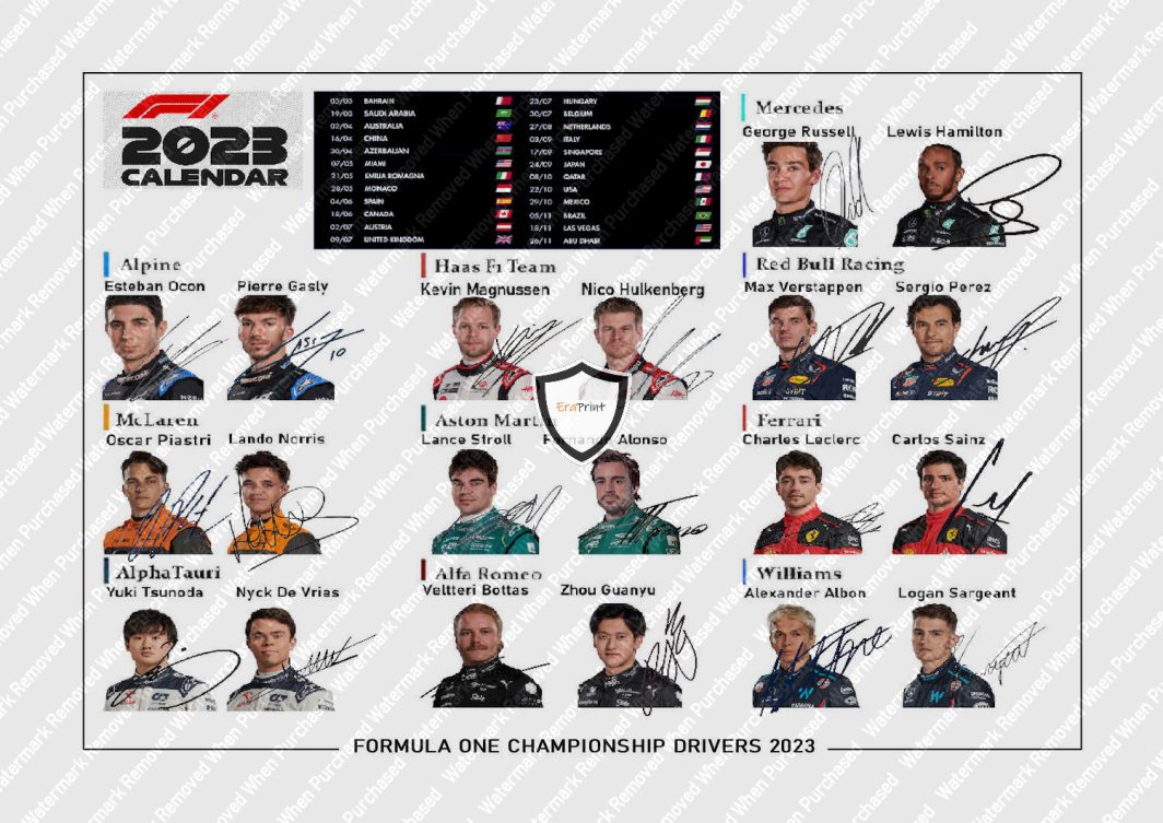 Formula One (2023) Signed Championship Drivers & Calendar A4 Photo Print Downloadable Jpeg